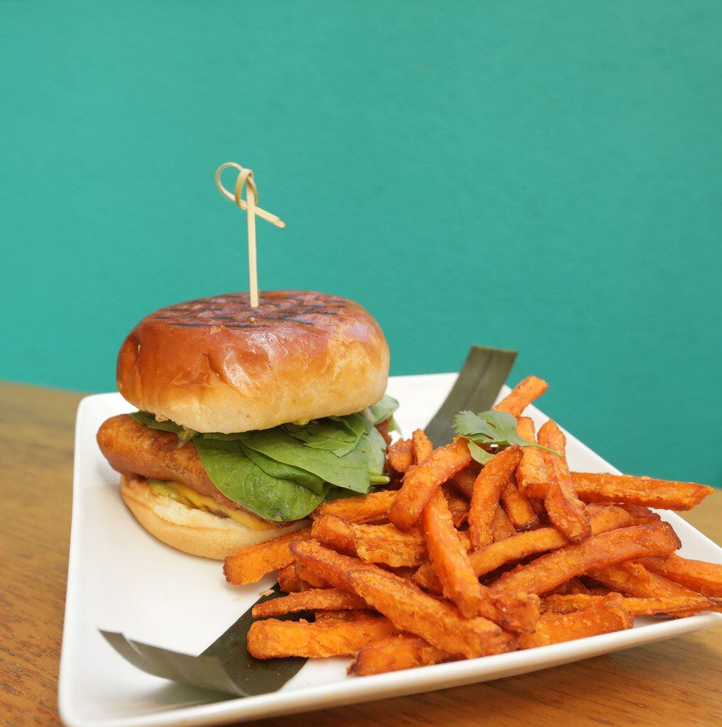 Pablano burger with sweet potato fries served by Lucky Cat Vegan, exclusive to Uber Eats,...