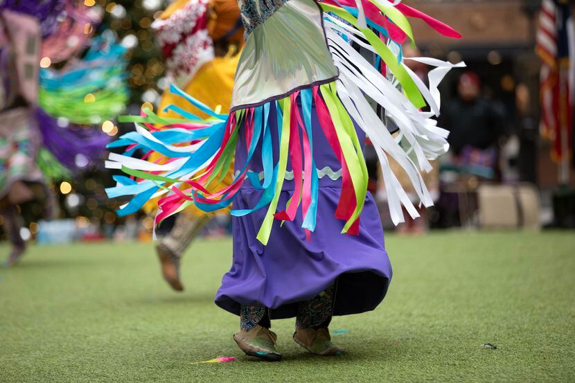 RIbbons swirl during the Native American Heritage Month Powwow.