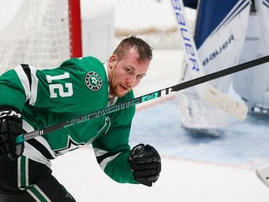 Dallas Stars center Radek Faksa (12) skates to the bench after losing his helmet during the third period of a NHL matchup between the Dallas Stars and the Tampa Bay Lightning on Monday, Jan. 27, 2020 at American Airlines Center in Dallas. (Ryan Michalesko/The Dallas Morning News)