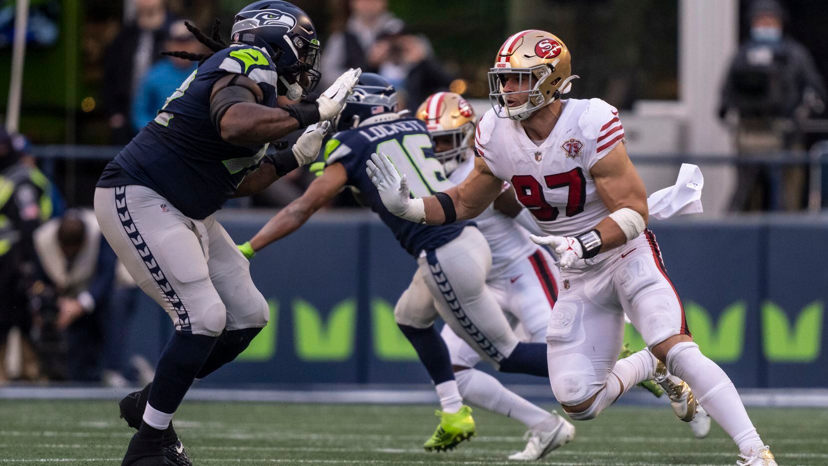 San Francisco 49ers defensive lineman Nick Bosa is pictured during an NFL football game, Sunday, Dec. 5, 2021, in Seattle. The Seahawks won 30-23. (AP Photo/Stephen Brashear)