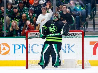 Dallas Stars goaltender Scott Wedgewood (41) watches a replay after giving up a goal during...