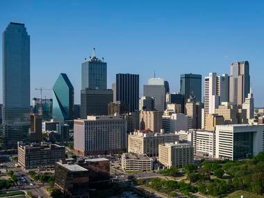 Aerial view of the downtown Dallas skyline.