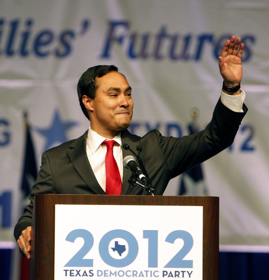 Democratic Congressional Candidate Joaquin Castro speaks prior to introducing his twin...