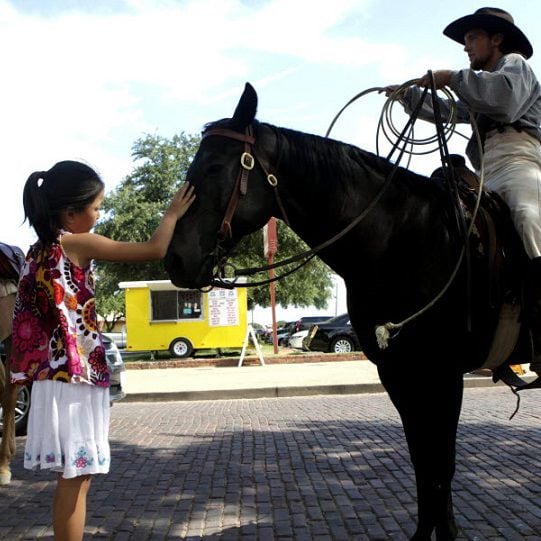 Virginia Liu,8, left, pets the nose of a horse while attending the the National Day of the...