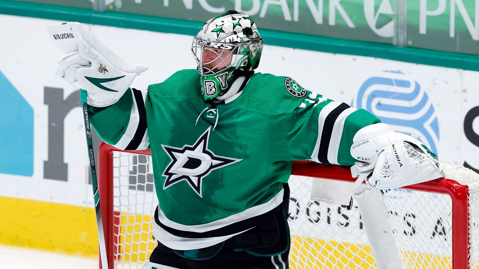 Dallas Stars goaltender Anton Khudobin (35) rests on the goal during a second period timeout...