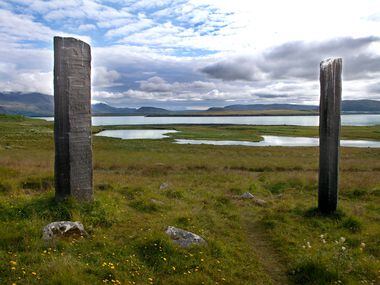 Richard Serra Áfangar, basalt columns, on Viðey Island, off the coast of Reykjavík, Iceland.