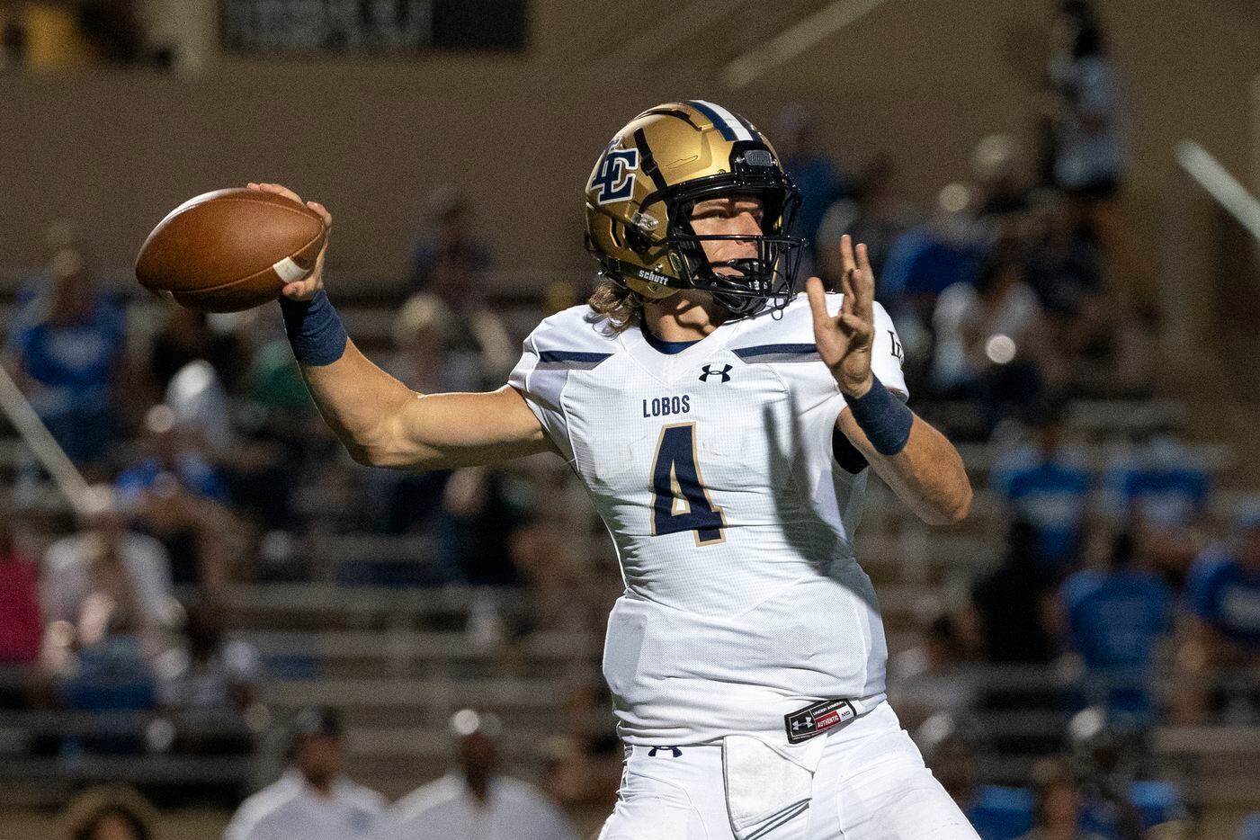 Little Elm senior quarterback John Mateer (4) throws a pass during the first half of a high school football game against Plano West on Friday, Sept. 10, 2021 at John Clark Stadium in Plano, Texas. (Jeffrey McWhorter/Special Contributor)
