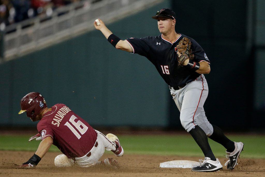 Texas Tech shortstop Josh Jung, right, throws to first base for a double play after forcing...