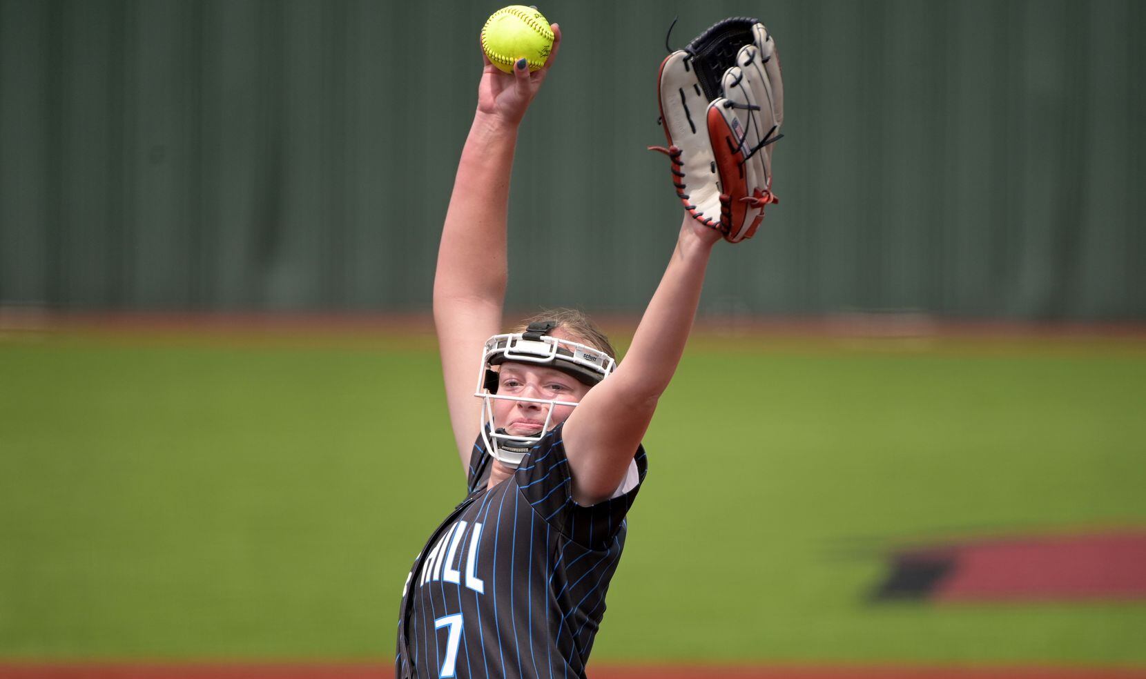 Prosper Rock Hill’s Grace Berlage (7) pitches during game 3 of a Class 5A Region II...
