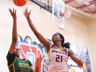 A shot by DeSoto small forward Amari Byles (24) is blocked by Montverde Academy Vivian...