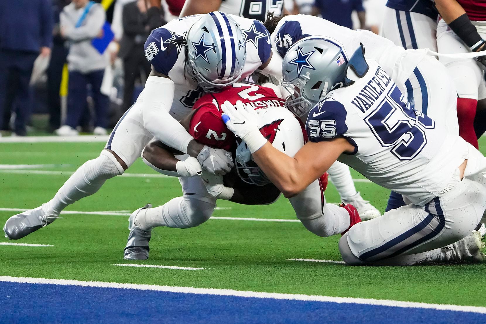 Arizona Cardinals running back Chase Edmonds (2) is stopped short of the end zone by Dallas...