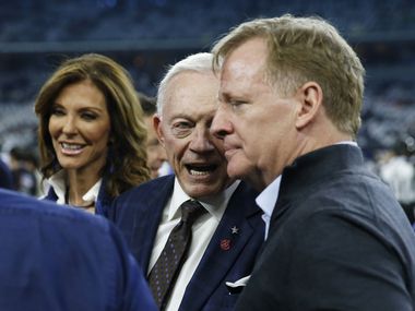 Dallas Cowboys Jerry Jones talks with NFL commissioner Roger Goodell and Dallas Cowboys Charlotte Jones before a NFL playoff game at AT&T Stadium in Arlington, on Saturday, January 5, 2019.