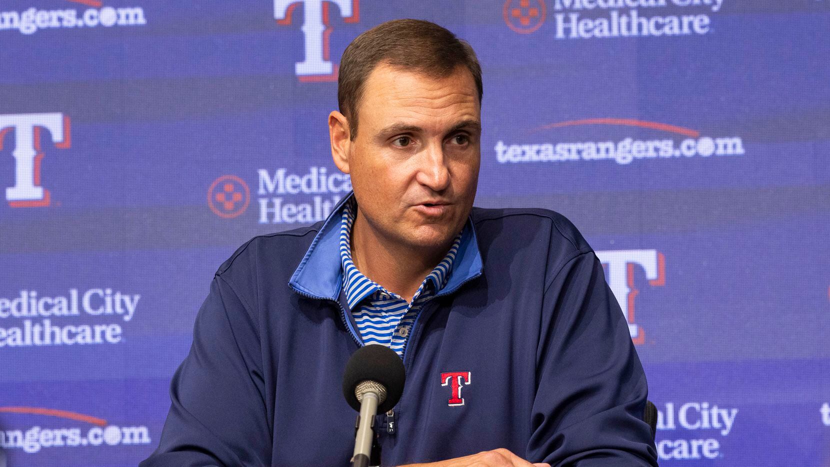 Texas Rangers general manager Chris Young speaks about the team’s new trade acquisitions at...