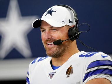 Dallas Cowboys tight end Jason Witten (82) laughs during an in-game television interview during the second half of their preseason game against the Tampa Bay Buccaneers at AT&T Stadium in Arlington, Texas, Thursday, August 29, 2019.