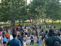 People gathered Friday in Civic Garden Park in downtown Dallas to protest after the Supreme...