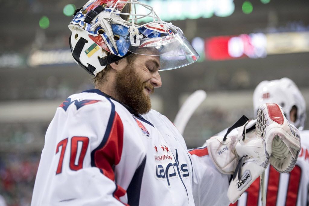 Jan 17, 2015; Dallas, TX, USA; Washington Capitals goalie Braden Holtby (70) skates in warm-ups prior to the game against against the Dallas Stars at the American Airlines Center. Mandatory Credit: Jerome Miron-USA TODAY Sports