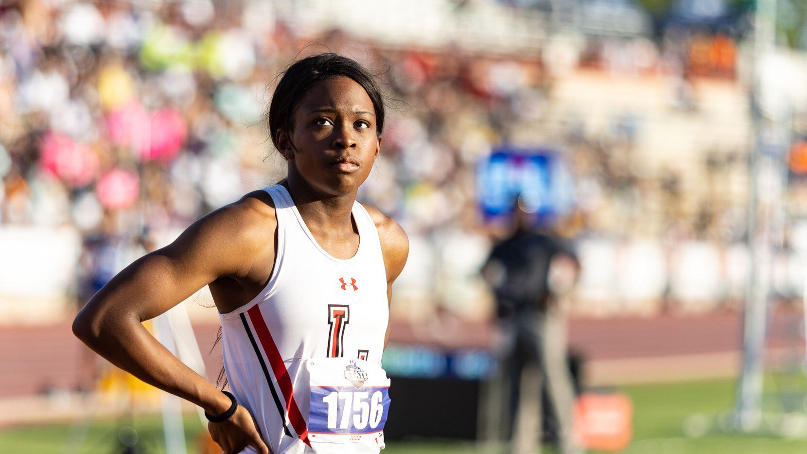 Christine Mallard of Mansfield Legacy prepares at the start for the Class 5A girls 400-meter...