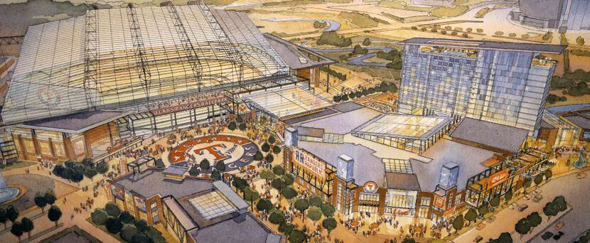 An artist rendering shows the new retractable roof ballpark (left) and new entertainment...