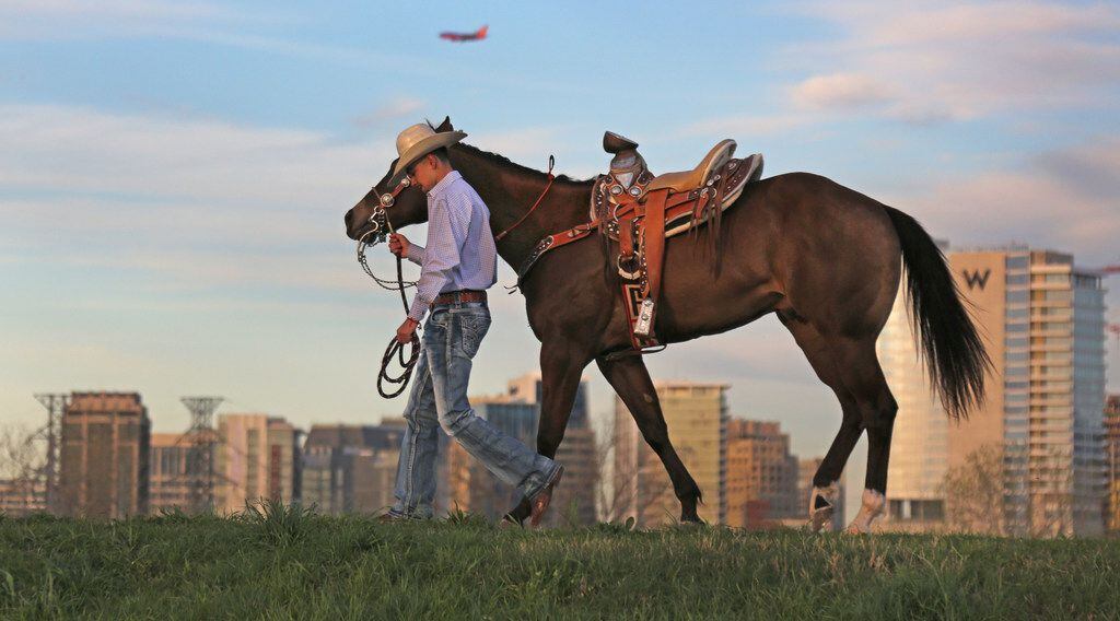 Andrew Salas, who was having his senior portraits taken, walks with his horse on the Trinity River levee in West Dallas, with the downtown Dallas skyline in the background.