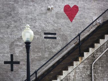 The wall and stairs outside of the Frojo shop off of W. 7th and Madison, along the Dallas...