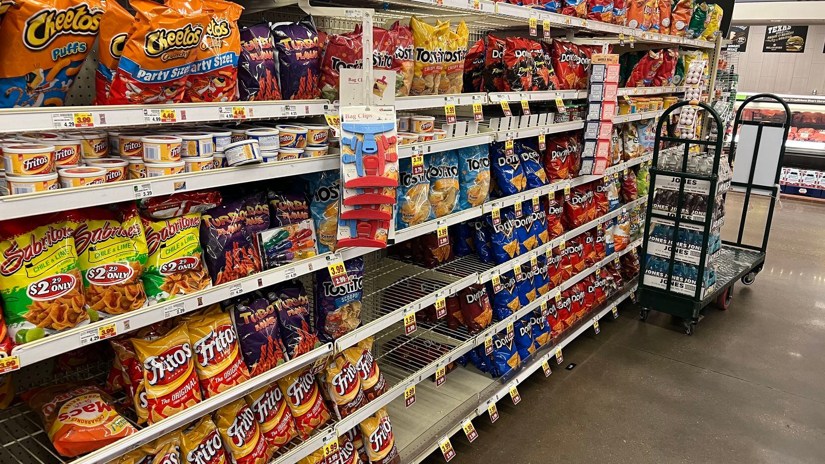 The snack foods aisle at Kroger in Oaklawn on March 2, 2022.