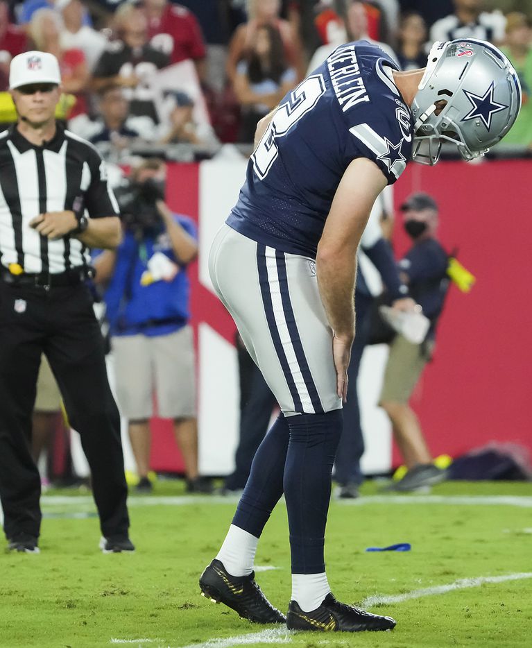 Dallas Cowboys place kicker Greg Zuerlein (2) reacts after missing a point after attempt during the first half of an NFL football game against the Tampa Bay Buccaneers at Raymond James Stadium on Thursday, Sept. 9, 2021, in Tampa, Fla. (Smiley N. Pool/The Dallas Morning News)