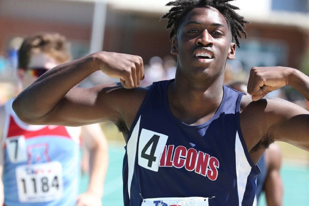 Bishop Dunne's Marquez Beason places first in the 6A mens 100 meter dash at the TAPPS State...