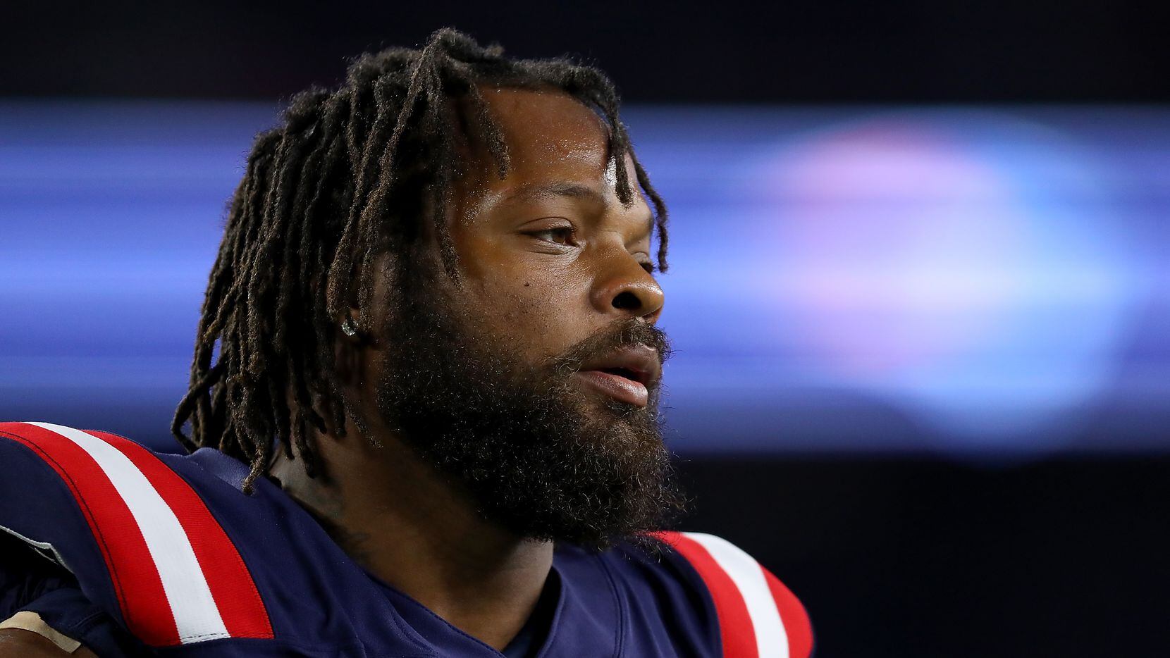 FOXBOROUGH, MASSACHUSETTS - OCTOBER 10: Michael Bennett #77 of the New England Patriots looks on prior to the game against the New York Giants at Gillette Stadium on October 10, 2019 in Foxborough, Massachusetts. (Photo by Maddie Meyer/Getty Images)