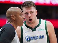 Dallas Mavericks guard Luka Doncic (77) argures for a call during the second half of an NBA basketball game against the Boston Celtics at American Airlines Center on Saturday, Nov. 6, 2021, in Dallas.