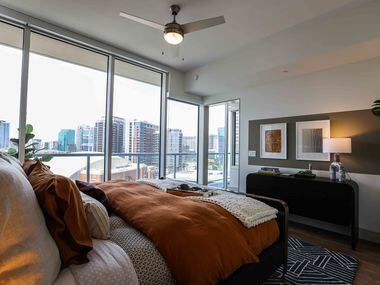 Main bedroom in a 2 beds 2 bath apartment at The Victor in Dallas. (Lola Gomez / The Dallas...