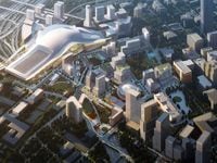 A rendering shows a proposed new downtown Dallas convention center built on the west side of Lamar Street/Botham Jean Boulevard. The city is considering options to revamp it's current Kay Bailey Hutchison Convention Center.