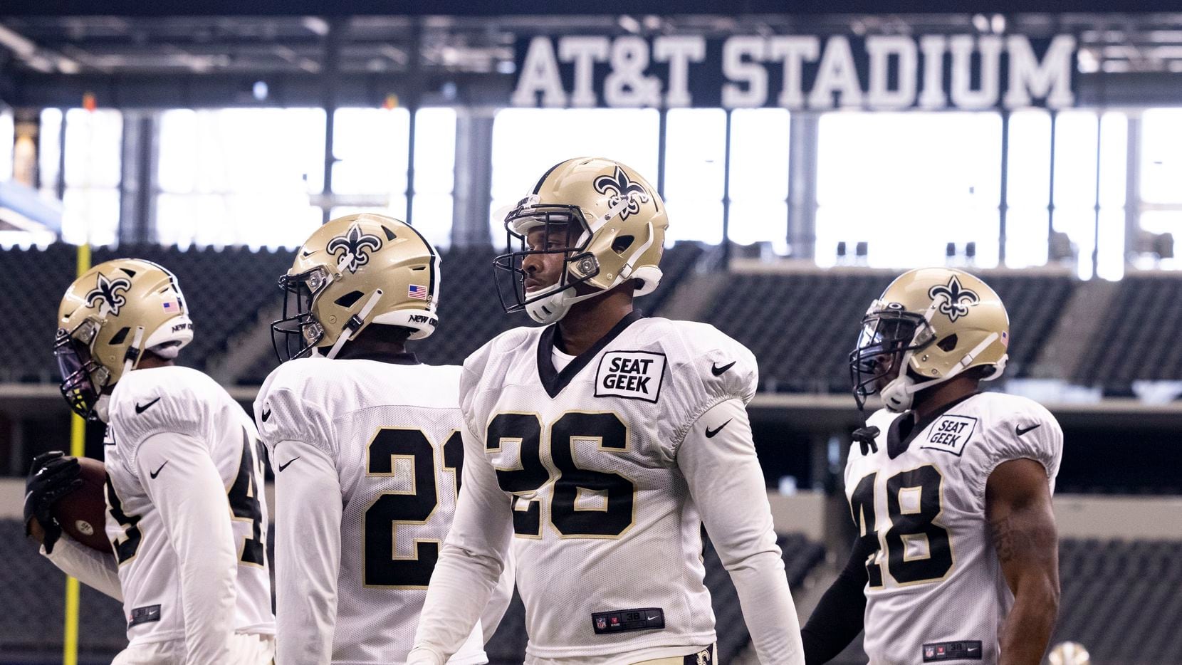 New Orleans Saints practice on Monday, Aug. 30, 2021, at AT&T Stadium in Arlington. The New Orleans Saints are practicing at AT&T Stadium after evacuating from Hurricane Ida.