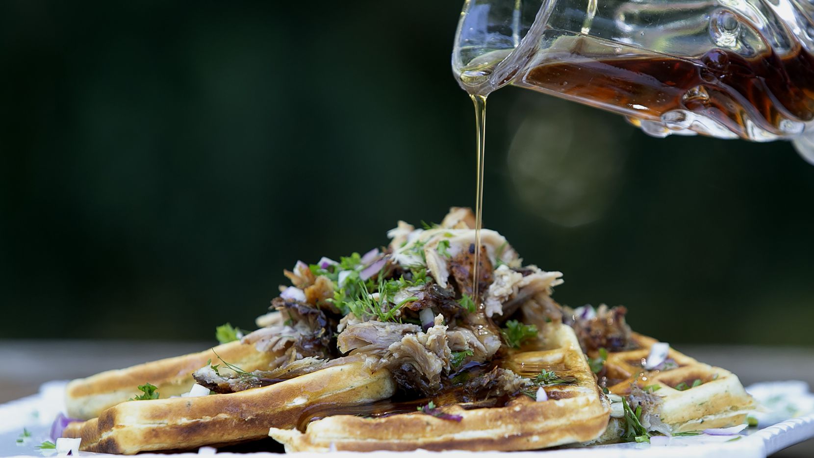 Ranched Waffles With Pulled Pork and Bourbon Maple Syrup (Stewart F. House/Special Contributor)