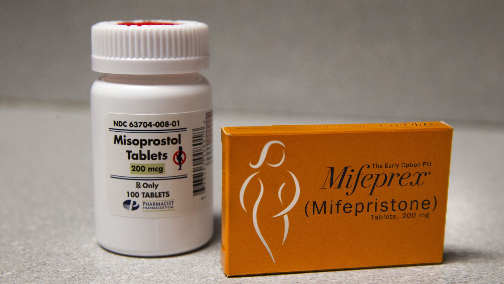 A bottle of misoprostol and a box of Mifeprex (mifespristone) medications at the Whole Women's Health clinic in Fort Worth, Texas, on Thursday, November 21, 2019. These medications can terminate a pregnancy if taken together within 10 weeks of a person's last menstrual period. Federal Drug Administration regulations require mifepristone to be dispensed directly by a qualified health care provider.