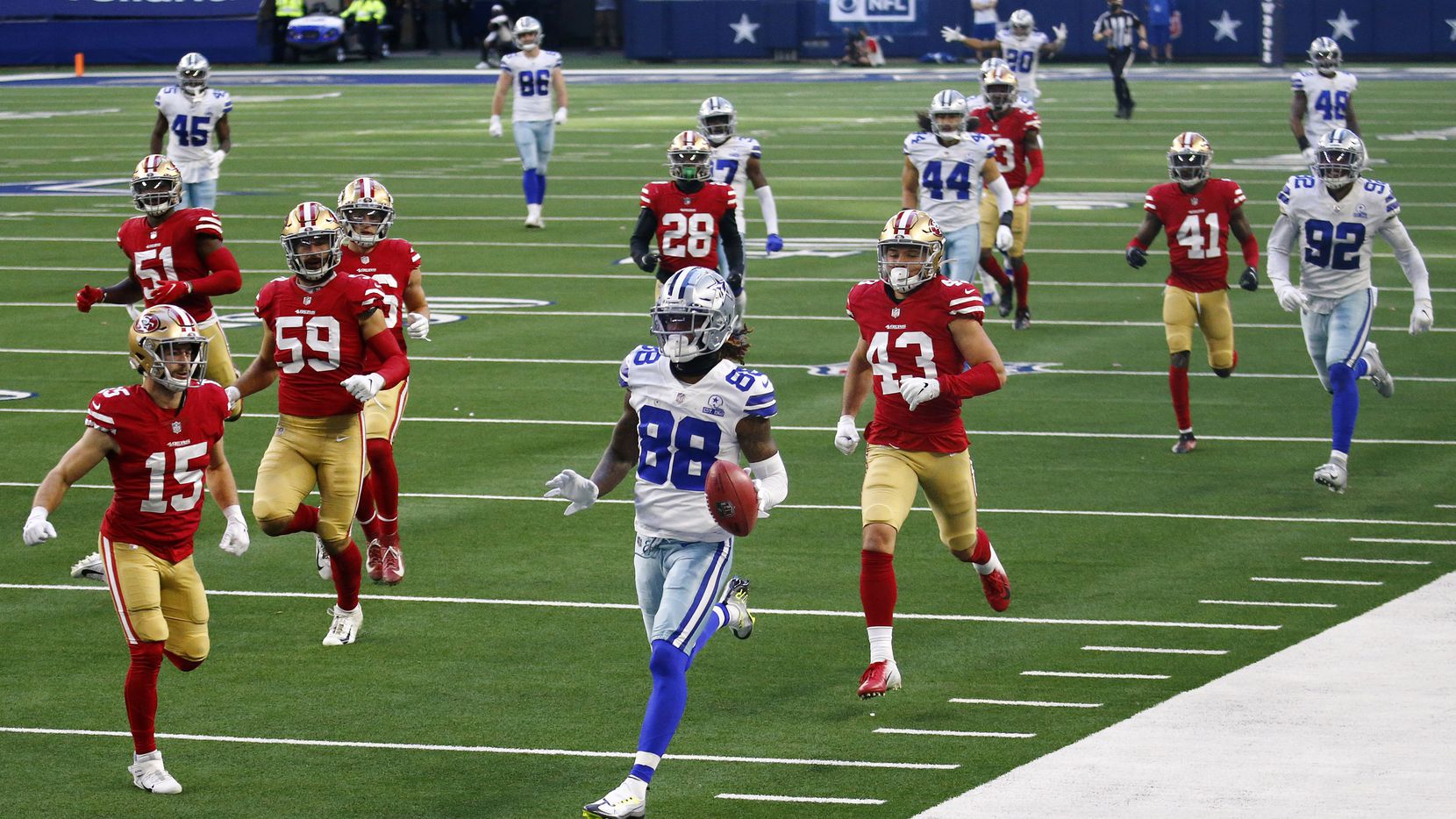 Dallas Cowboys wide receiver CeeDee Lamb (88) cruises to a fourth quarter touchdown after...
