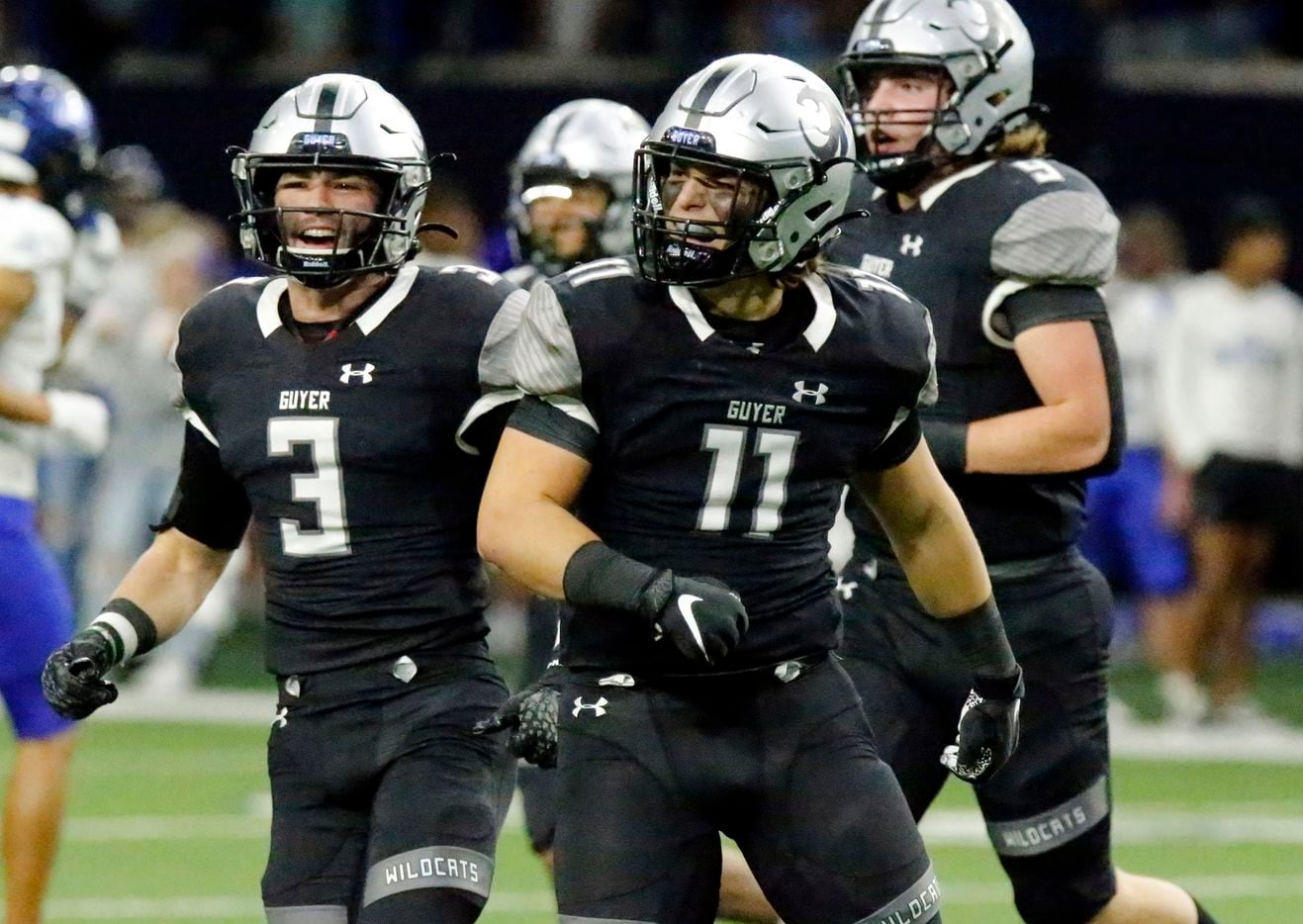Guyer High School linebacker Carson Parham (11) celebrates his interception which would lead to a score during the first half as Denton Guyer High School played Trophy Club Byron Nelson High School in a Class 6A Division II Region I semifinal football game at The Ford Center in Frisco on Saturday, November 27, 2021. (Stewart F. House/Special Contributor)