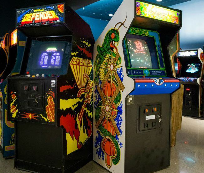 Arcade games are lined up inside the National Videogame Museum.