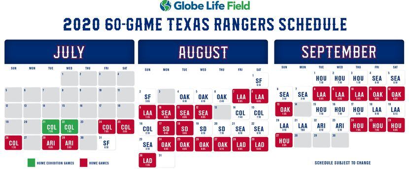Calendario de los Texas Rangers para la temporada 2020 de Grandes Ligas.