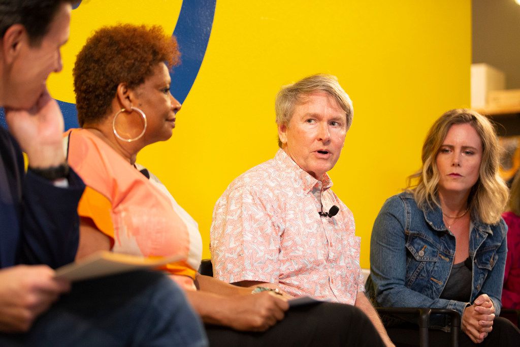 Panelist Ben Fountain (center), speaks during the Dallas Festival of Books and Ideas event,...