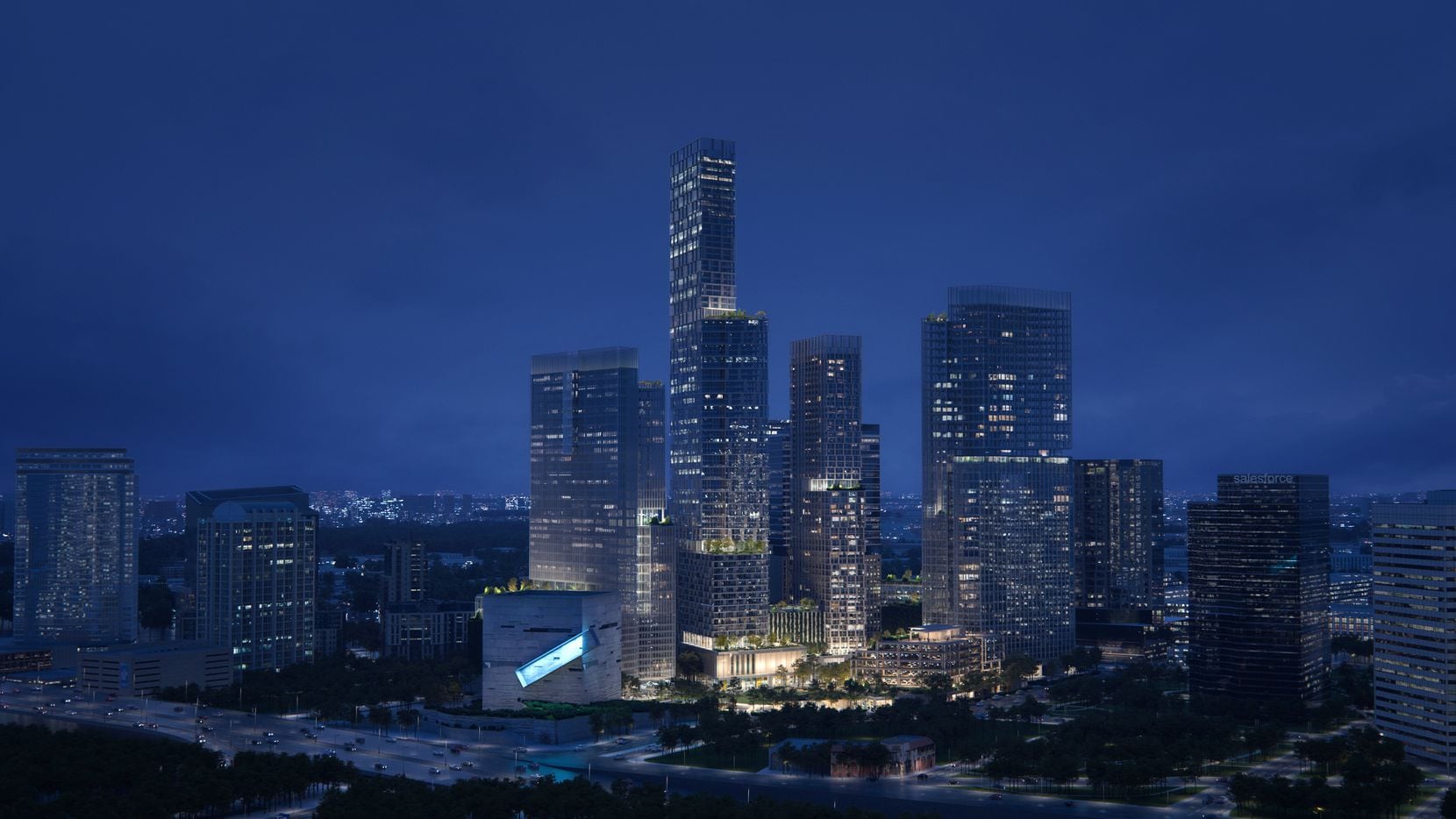 The planned North End redevelopment on the northwest edge of downtown Dallas will include four skyscrapers and a lush urban park.