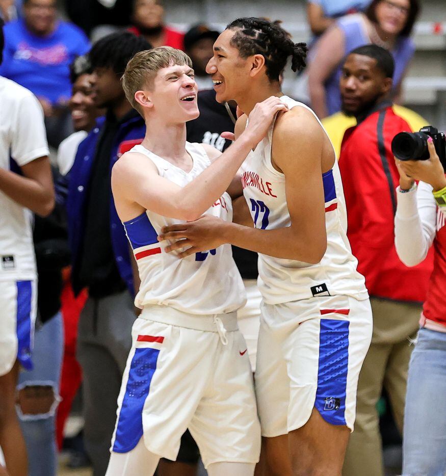 Duncanville guard Jackson Prince (L) and forward Davion Sykes (22) celebrate their victory...