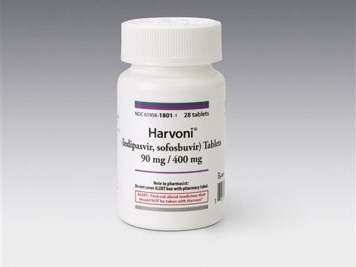 Frasco del medicamento Harvoni para hepatitis, proporcionado por Gilead Sciences....