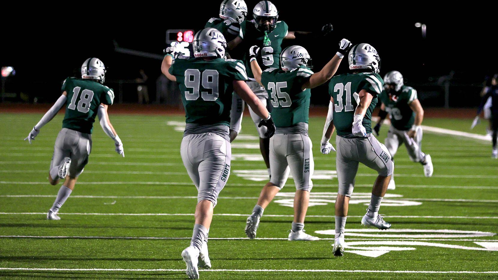 Frisco Reedy celebrates its victory over Frisco Lone Star, 13-7 in a high school football...