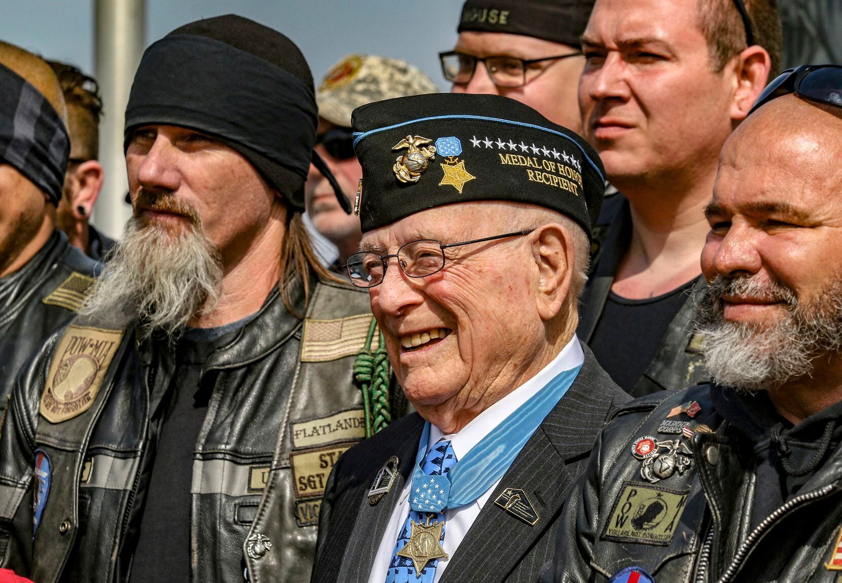 In 2019, Hershel "Woody" Williams (center), who was awarded the Medal of Honor during World...