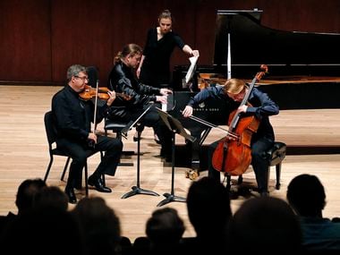 The Hermitage Piano Trio -- violinist Misha Keylin, cellist Sergey Antonov and pianist Ilya Kazantsev -- performed at Caruth Auditorium on the SMU Campus in Dallas on Monday, November 8, 2021.