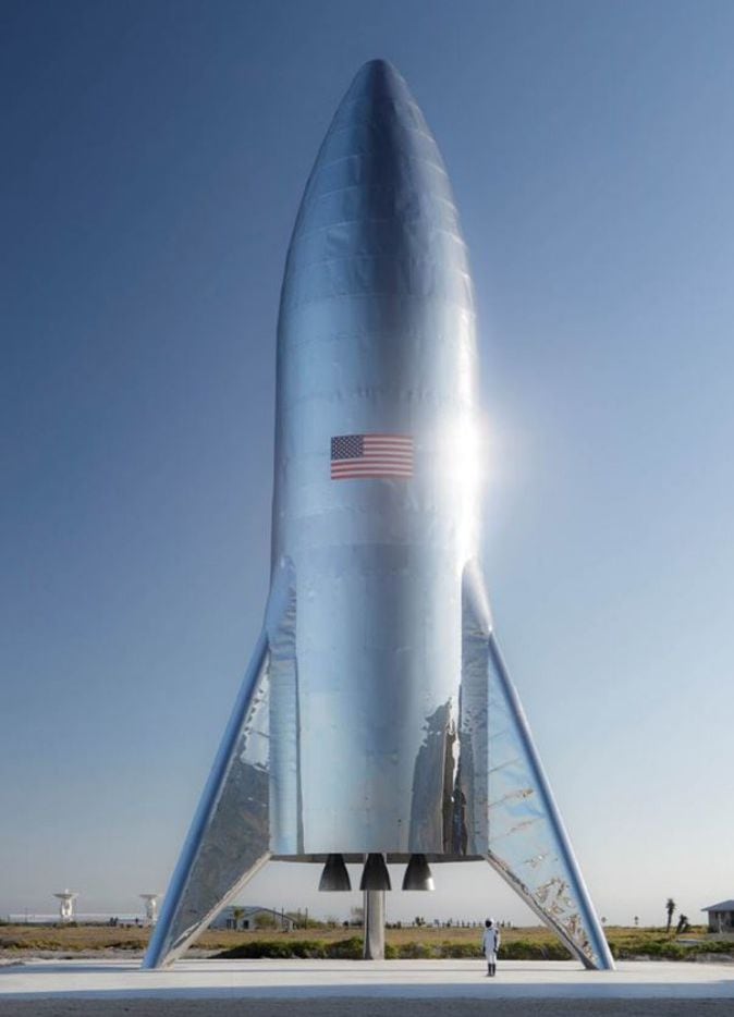 This photograph released by SpaceX CEO Elon Musk on January 11, 2019, shows the test version of the Starship Hopper, which awaits its first flight test in Texas in the coming weeks. - The prototype was built in Boca Chica, along the Gulf Coast of Texas.