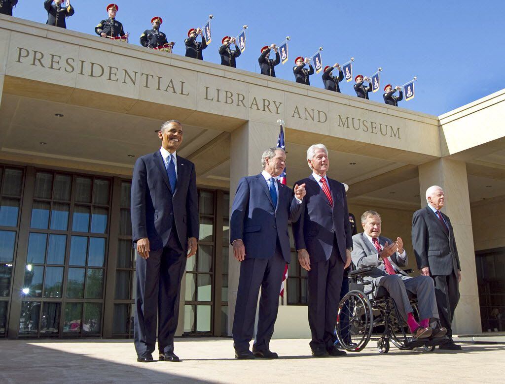 The five living Presidents (from left) Barack Obama, George W. Bush, Bill Clinton, George...