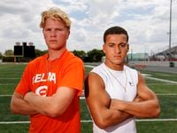 Celina quarterback Noah Bentley (left) stands with running back Gabe Gayton at Celina High...