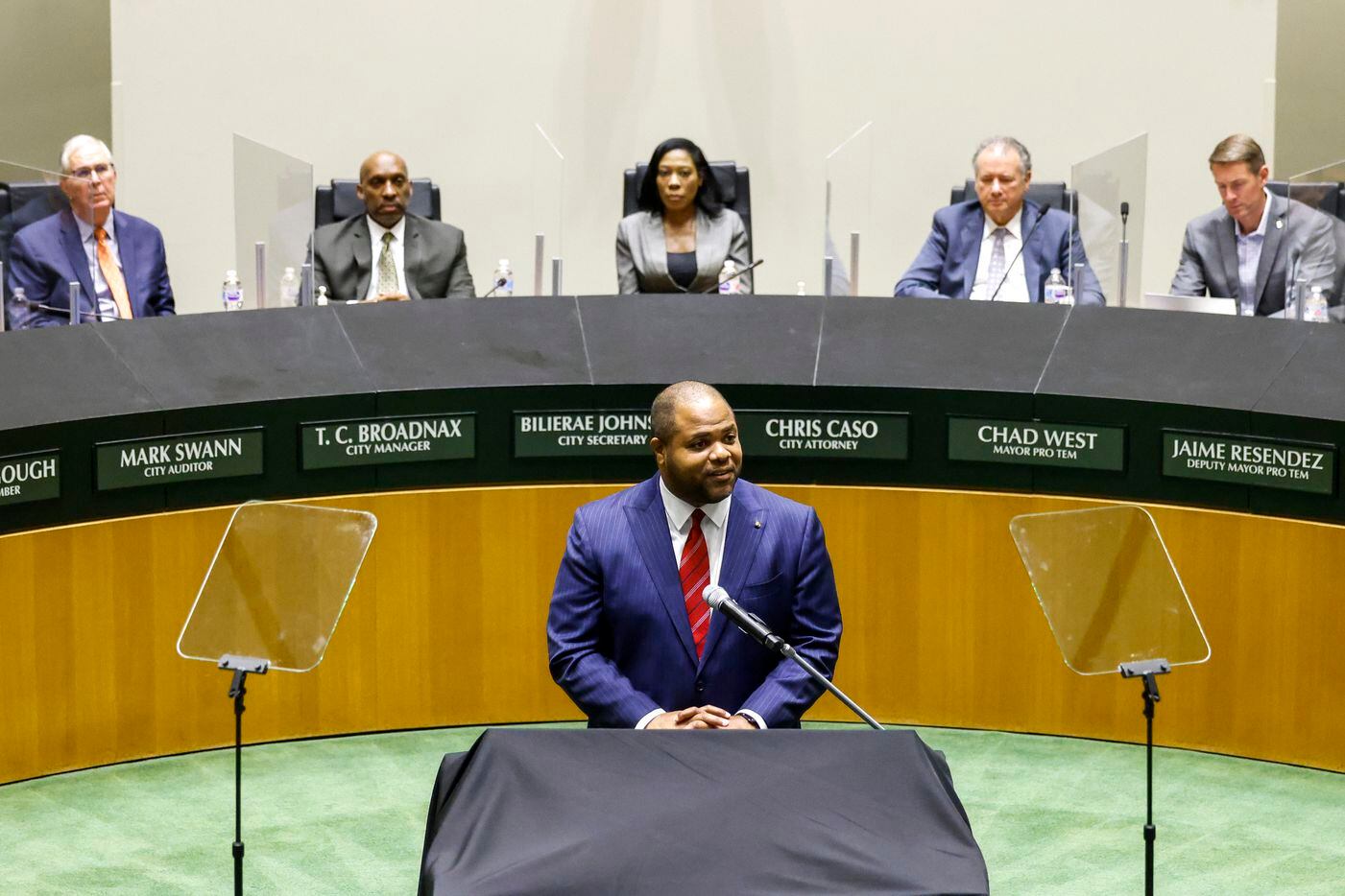 Dallas Mayor Eric Johnson speaks during his state of the city address at City Hall in Dallas...