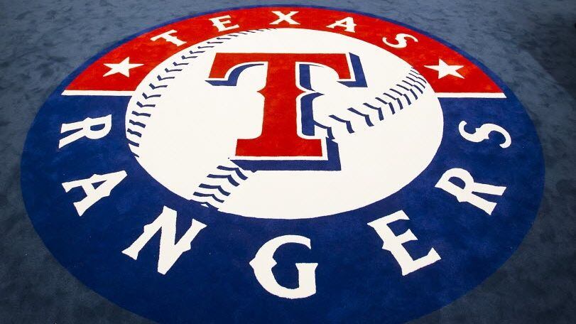 The team logo fills the center of the room in the clubhouse of the Texas Rangers newly renovated spring training facility as seen during a media tour on Thursday, Feb. 18, 2016, in Surprise, Ariz. (Smiley N. Pool/The Dallas Morning News)